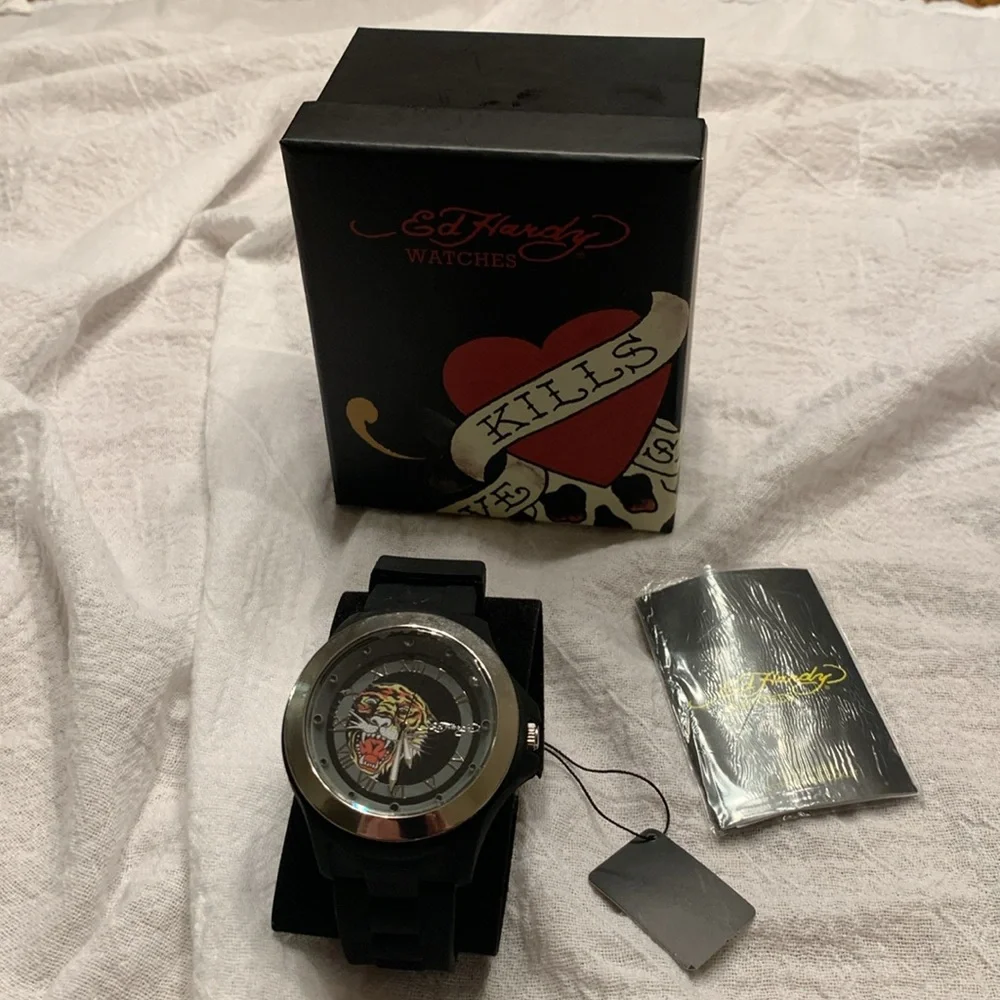 Ed Hardy Black/Silver Quartz Tiger Watch NEW Waterproof (30 meters) Measures sec